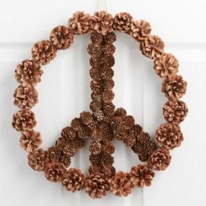 NWT Natural Pinecone Peace Sign Wreath, approx 16" diameter